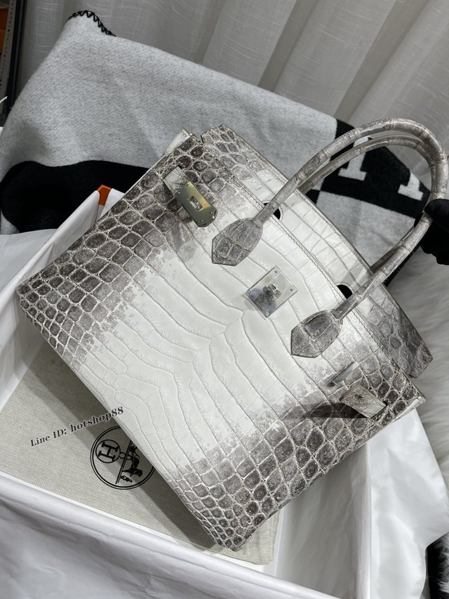 Hermes專櫃鉑金手提女包 愛馬仕Birkin30喜馬拉雅白尼羅鱷蜜蠟線全手工縫製手袋 zhh1088